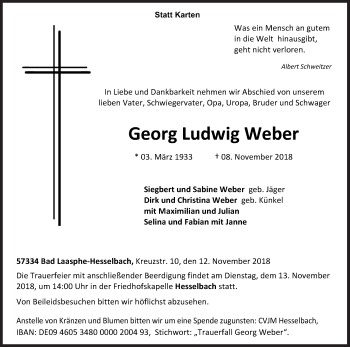 Traueranzeige von Georg Ludwig Weber von Siegener Zeitung