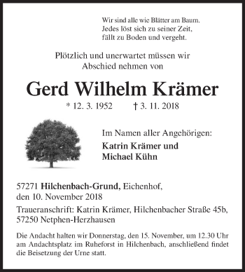 Traueranzeige von Gerd Wilhelm Krämer von Siegener Zeitung