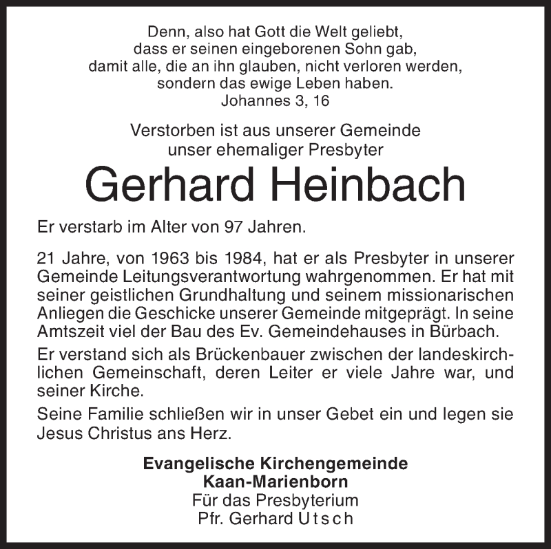  Traueranzeige für Gerhard Heinbach vom 14.11.2018 aus Siegener Zeitung