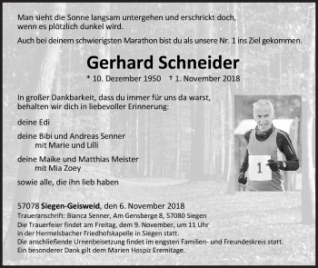 Traueranzeige von Gerhard Schneider von Siegener Zeitung