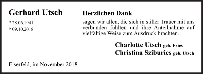  Traueranzeige für Gerhard Utsch vom 17.11.2018 aus Siegener Zeitung