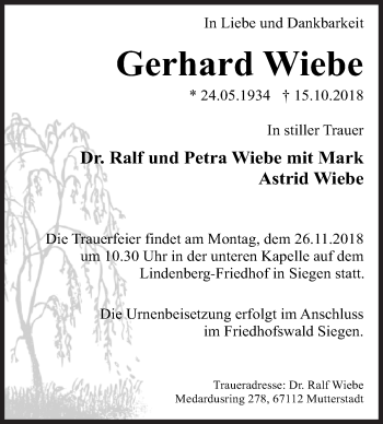 Traueranzeige von Gerhard Wiebe von Siegener Zeitung