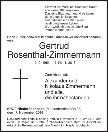 Traueranzeige von Gertrud Rosenthal-Zimmermann von Siegener Zeitung