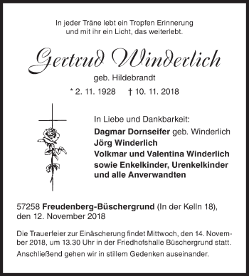 Traueranzeige von Gertrud Winderlich von Siegener Zeitung