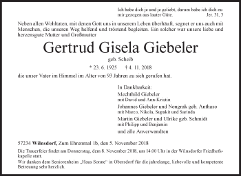 Traueranzeige von Gertrud Gisela Giebeler von Siegener Zeitung