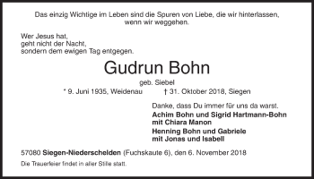 Traueranzeige von Gudrun Bohn von Siegener Zeitung