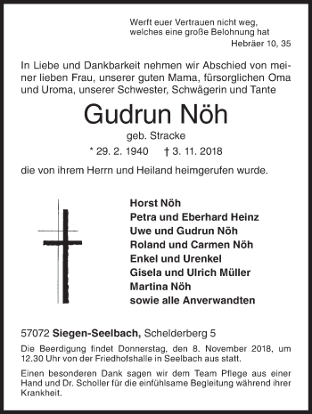 Traueranzeige von Gudrun Nöh von Siegener Zeitung