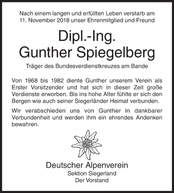 Traueranzeige von Gunther Spiegelberg von Siegener Zeitung
