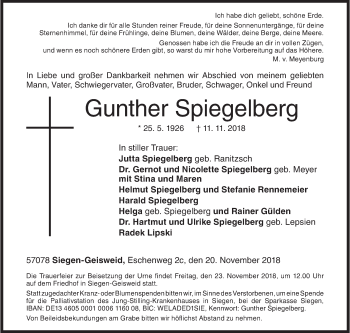 Traueranzeige von Gunther Spiegelberg von Siegener Zeitung