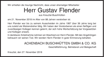 Traueranzeige von Gustav Flender von Siegener Zeitung