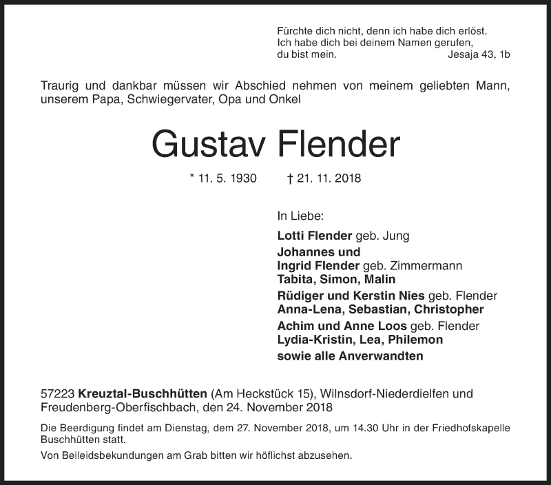  Traueranzeige für Gustav Flender vom 24.11.2018 aus Siegener Zeitung