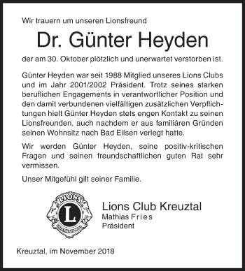 Traueranzeige von Günter Heyden von Siegener Zeitung