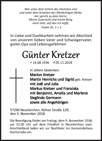 Traueranzeige von Günter Kretzer von Siegener Zeitung