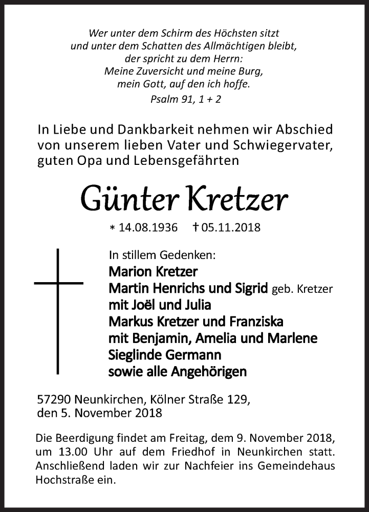  Traueranzeige für Günter Kretzer vom 07.11.2018 aus Siegener Zeitung