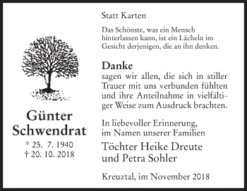 Traueranzeige von Günter Schwendrat von Siegener Zeitung