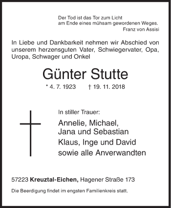 Traueranzeige von Günter Stutte von Siegener Zeitung