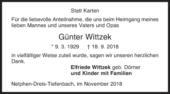 Traueranzeige von Günter Wittzek von Siegener Zeitung