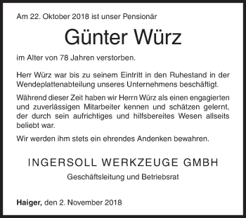 Traueranzeige von Günter Würz von Siegener Zeitung