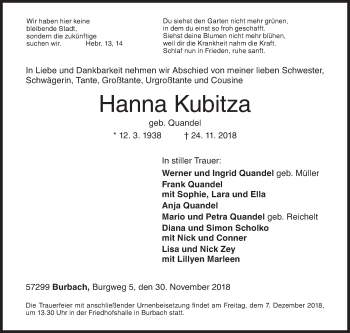 Traueranzeige von Hanna Kubitza von Siegener Zeitung