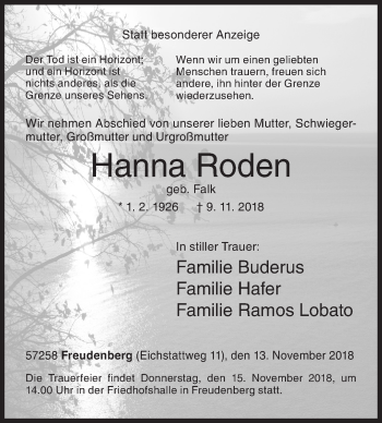 Traueranzeige von Hanna Roden von Siegener Zeitung