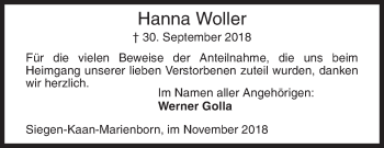 Traueranzeige von Hanna Woller von Siegener Zeitung