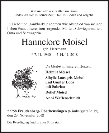 Traueranzeige von Hannelore Moisel von Siegener Zeitung