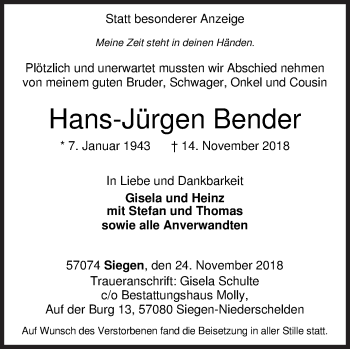 Traueranzeige von Hans-Jürgen Bender von Siegener Zeitung
