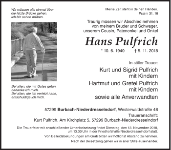 Traueranzeige von Hans Pulfrich von Siegener Zeitung