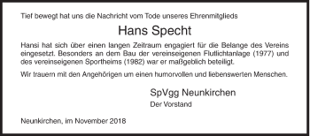 Traueranzeige von Hans Specht von Siegener Zeitung