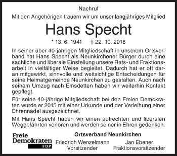 Traueranzeige von Hans Specht von Siegener Zeitung