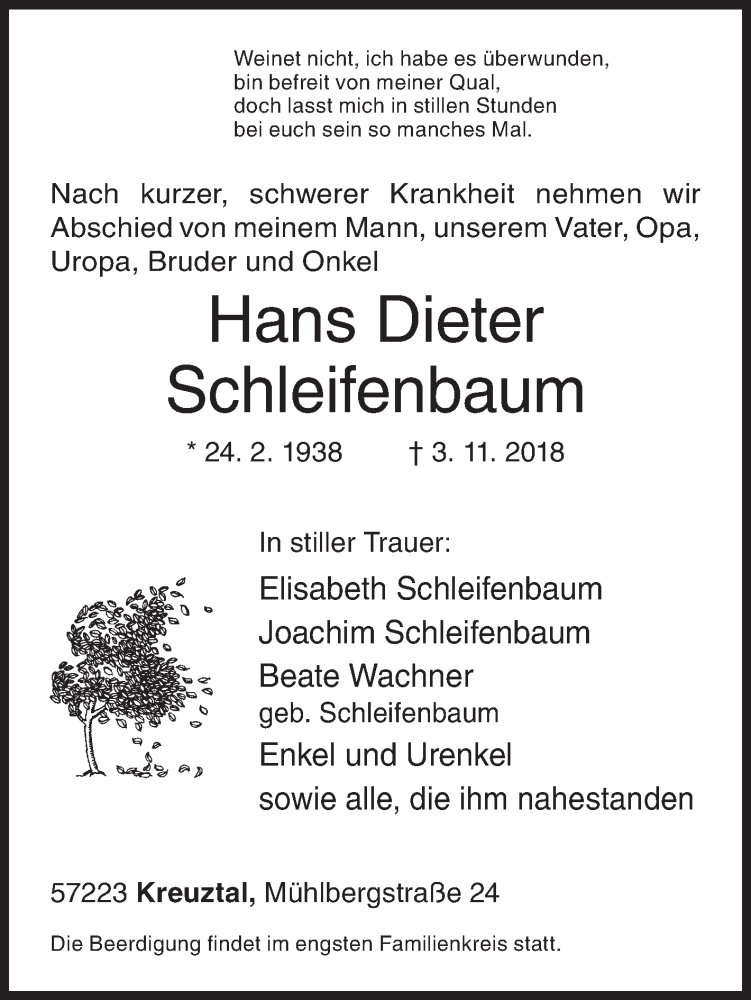  Traueranzeige für Hans Dieter Schleifenbaum vom 07.11.2018 aus Siegener Zeitung