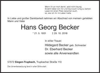Traueranzeige von Hans Georg Becker von Siegener Zeitung