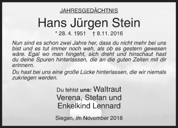 Traueranzeige von Hans Jürgen Stein von Siegener Zeitung