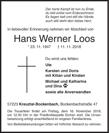 Traueranzeige von Hans Werner Loos von Siegener Zeitung