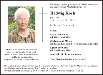 Traueranzeige von Hedwig Koch von Siegener Zeitung