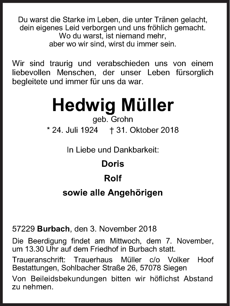  Traueranzeige für Hedwig Müller vom 03.11.2018 aus Siegener Zeitung