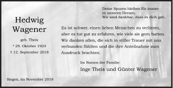 Traueranzeige von Hedwig Wagener von Siegener Zeitung