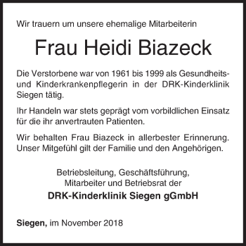 Traueranzeige von Heidi Biazeck von Siegener Zeitung