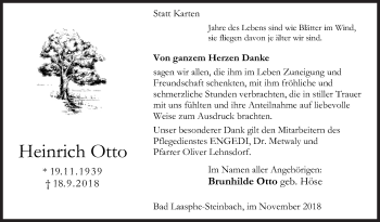 Traueranzeige von Heinrich Otto von Siegener Zeitung