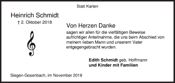 Traueranzeige von Heinrich Schmidt von Siegener Zeitung