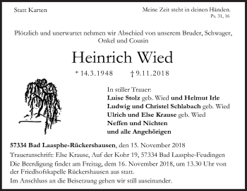 Traueranzeige von Heinrich Wied von Siegener Zeitung