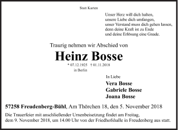 Traueranzeige von Heinz Bosse von Siegener Zeitung