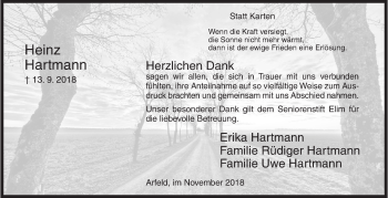 Traueranzeige von Heinz Hartmann von Siegener Zeitung
