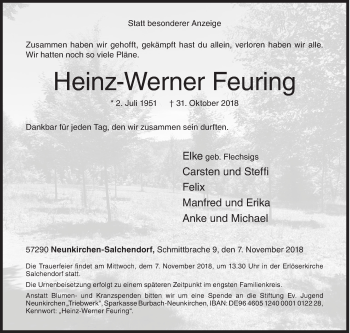 Traueranzeige von Heinz-Werner Feuring von Siegener Zeitung