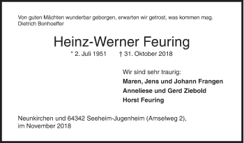 Traueranzeige von Heinz-Werner Feuring von Siegener Zeitung
