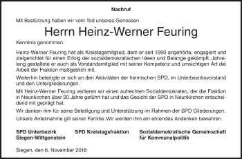 Traueranzeige von Heinz-Werner Feuring von Siegener Zeitung