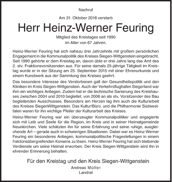 Traueranzeige von Heinz-Werner Feuring von Siegener Zeitung
