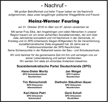 Traueranzeige von Heinz-Werner Feuring von Siegener Zeitung