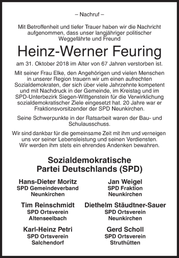 Traueranzeige von Heinz-Werner Feuring von Siegener Zeitung