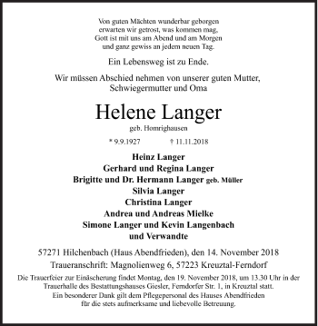 Traueranzeige von Helene Langer von Siegener Zeitung